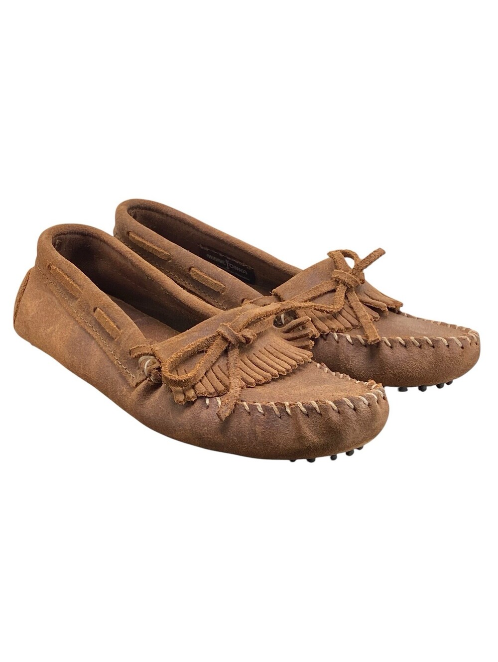 Minnetonka Kilty Hardsole Moccasins Suede Fringe Driving Shoes Brown Women’s 8